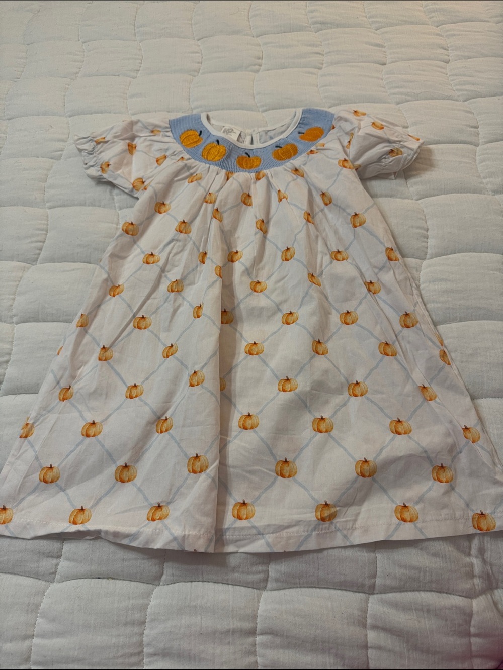 Source Unknown White Dress with Blue Yoke and Orange Pumpkin Motif